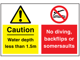 Caution water depth less than 1.5m and No diving, backflips or somersaults sign.