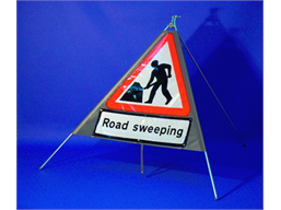 Men at work, road sweeping roll up road sign