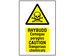 Rhybudd Cemegau peryglus, Caution Dangerous chemicals. Welsh English sign.
