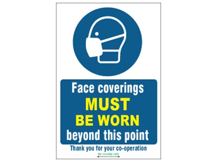 Face coverings must be worn beyond this point safety sign.