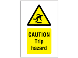 Caution Trip hazard symbol and text safety sign.