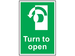 Turn to open anti-clockwise symbol and text safety sign.