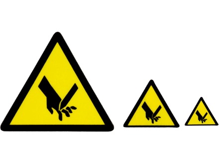 Moving blade cutter hazard warning symbol label.