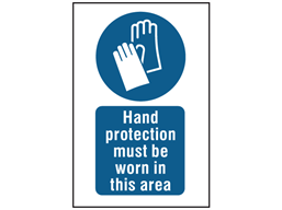 Hand protection must be worn in this area symbol and text safety sign.