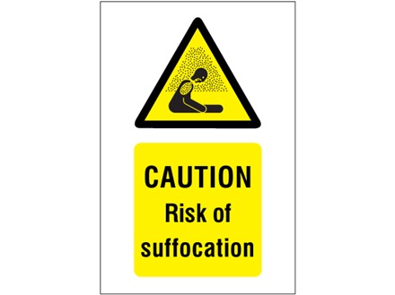 Caution Risk of suffocation symbol and text safety sign.