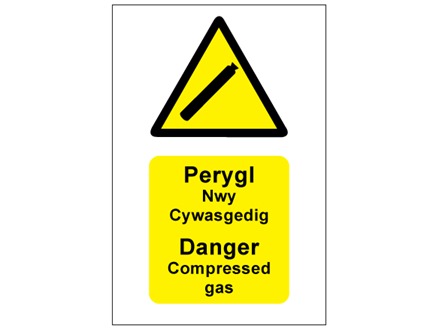 Perygl Nwy cywasgedig, Danger Compressed gas. Welsh English sign.
