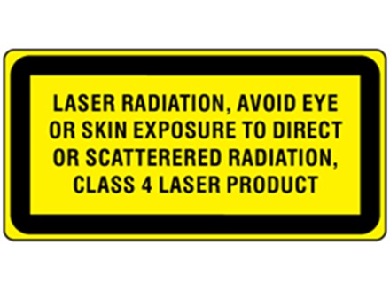 Laser radiation, avoid eye or skin exposure to direct or scattered radiation, class 4 laser equipment warning label.