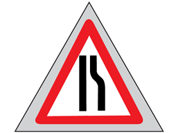 Road ahead narrows on right (offside) roll up road sign