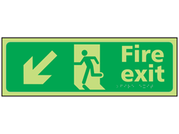 Fire exit arrow down left photoluminescent sign.