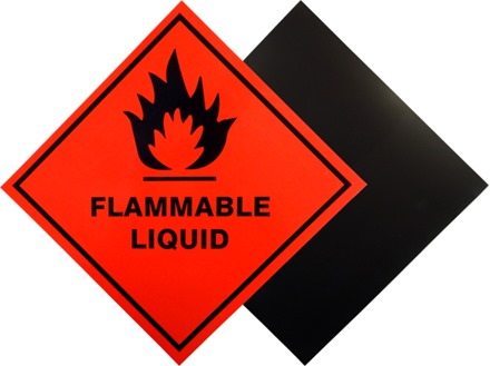 Flammable liquid hazard warning diamond label, magnetic