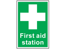 First aid station symbol and text safety sign.