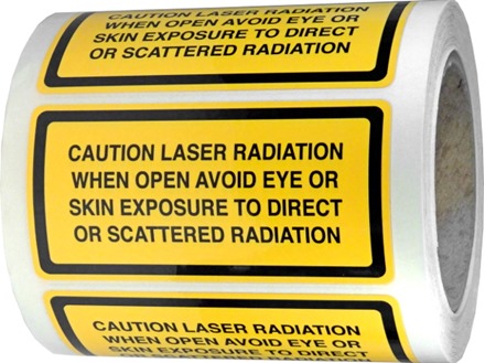 Caution laser radiation when open avoid eye or skin exposure to direct or scattered radiation, laser equipment warning label.