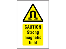 Caution Strong magnetic field symbol and text safety sign.