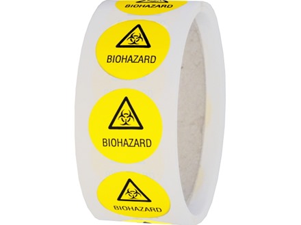 Biohazard symbol and text safety label.