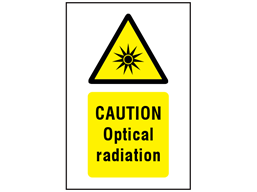 Caution optical radiation symbol and text safety sign.