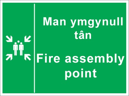 Man ymgynull tân / Fire assembly point. Welsh English sign