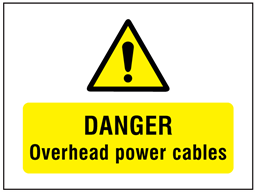 Danger Overhead power cables symbol and text safety sign.