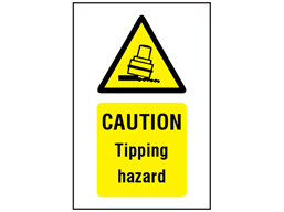 Caution Tipping hazard symbol and text safety sign.