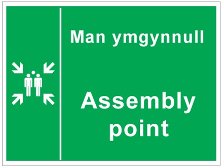 Man ymgunnull / Assembly point. Welsh English sign.
