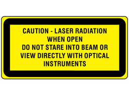 Caution Laser radiation when open do not stare into beam or view directly with optical instruments, laser equipment warning label