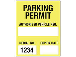 Parking permit label, yellow background, serial number