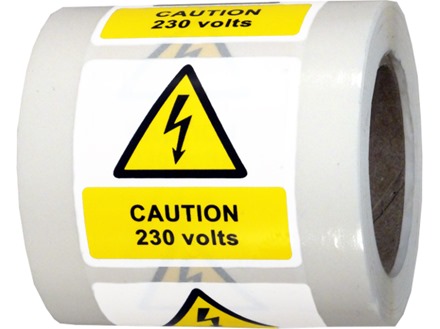 Caution 230 volts symbol and text safety label.