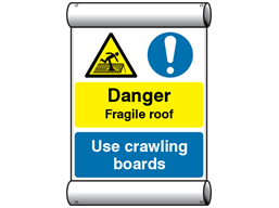 Site safety notice - Danger fragile roof, Use crawling boards scaffold banner