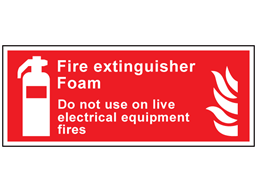 Fire extinguisher foam, Do not use on live electrical equipment fires symbol and text sign.