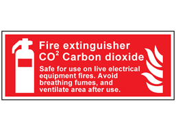 Fire extinguisher CO2 carbon dioxide Safe for use on live electrical equipment symbol & text safety sign.
