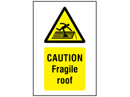 Caution Fragile roof symbol and text safety sign.