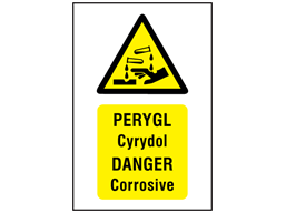 Pergyl Cyrydol, Danger Corrosive. Welsh English sign.