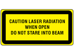 Caution laser radiation when open do not stare into beam, laser equipment warning safety label.