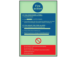 Fire action photoluminescent safety sign