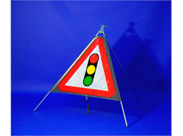 Traffic lights ahead roll up road sign