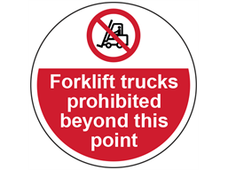 Fork lift trucks prohibited beyond this point symbol and text floor graphic marker.