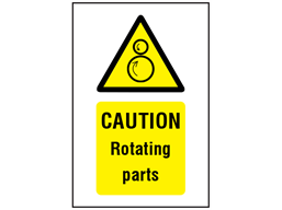 Caution Rotating parts symbol and text safety sign.