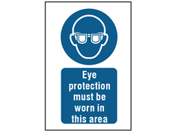 Eye protection must be worn in this area symbol and text safety sign.