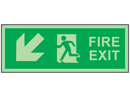 Fire exit, arrow diagonal facing the left and down photoluminescent safety sign