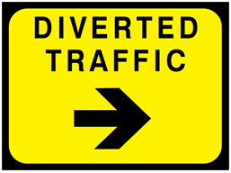 Diverted traffic, arrow right temporary road sign.