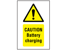 Caution Battery charging symbol and text safety sign.