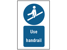 Use handrail symbol and text safety sign.