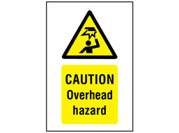 Caution Overhead hazard symbol and text safety sign.