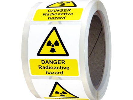 Danger radioactive hazard symbol and text safety label.