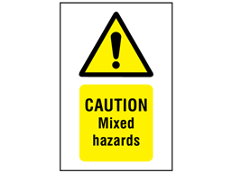 Caution mixed hazards symbol and text safety sign.