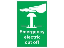 Emergency electric cut off symbol and text safety sign.