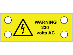 Warning 230 volts AC cable tie tag.