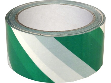 Laminated warning tape, green and white chevron.