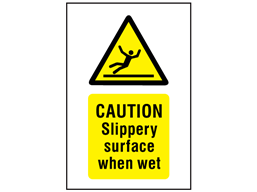 Caution Slippery surface when wet symbol and text safety sign.