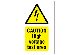 Caution High voltage test area symbol and text safety sign.