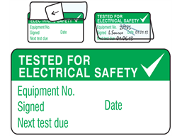 Tested for electrical safety, next test due jumbo write and seal labels.